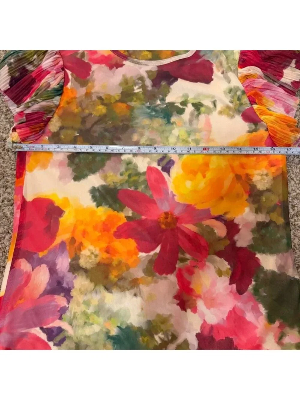 NWT Vince Camuto Floral Mesh Blouse Ruched Pleated Puff Sleeve Top Size Small